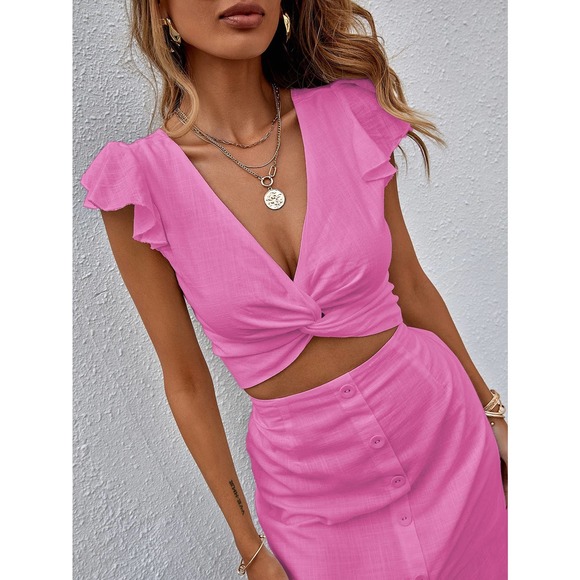2 piece set: Twist Front Plunging Neck Crop Top midi Skirt set hot pink - Picture 3 of 3